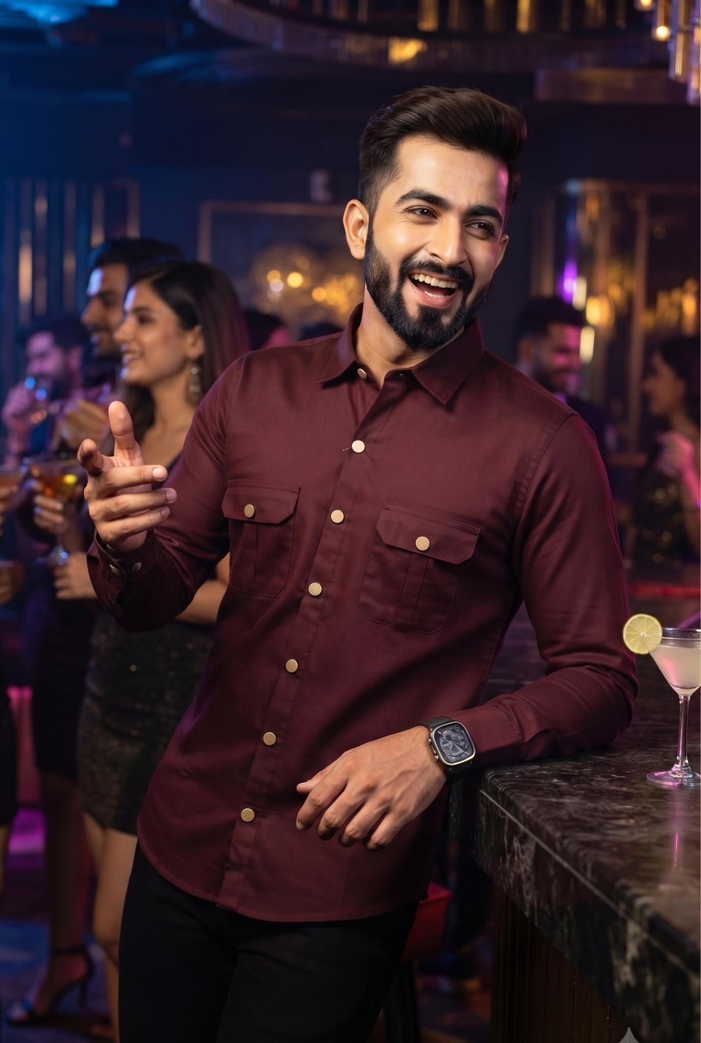 Men's wine cotton lycra shirt front with double chest pockets and long sleeves