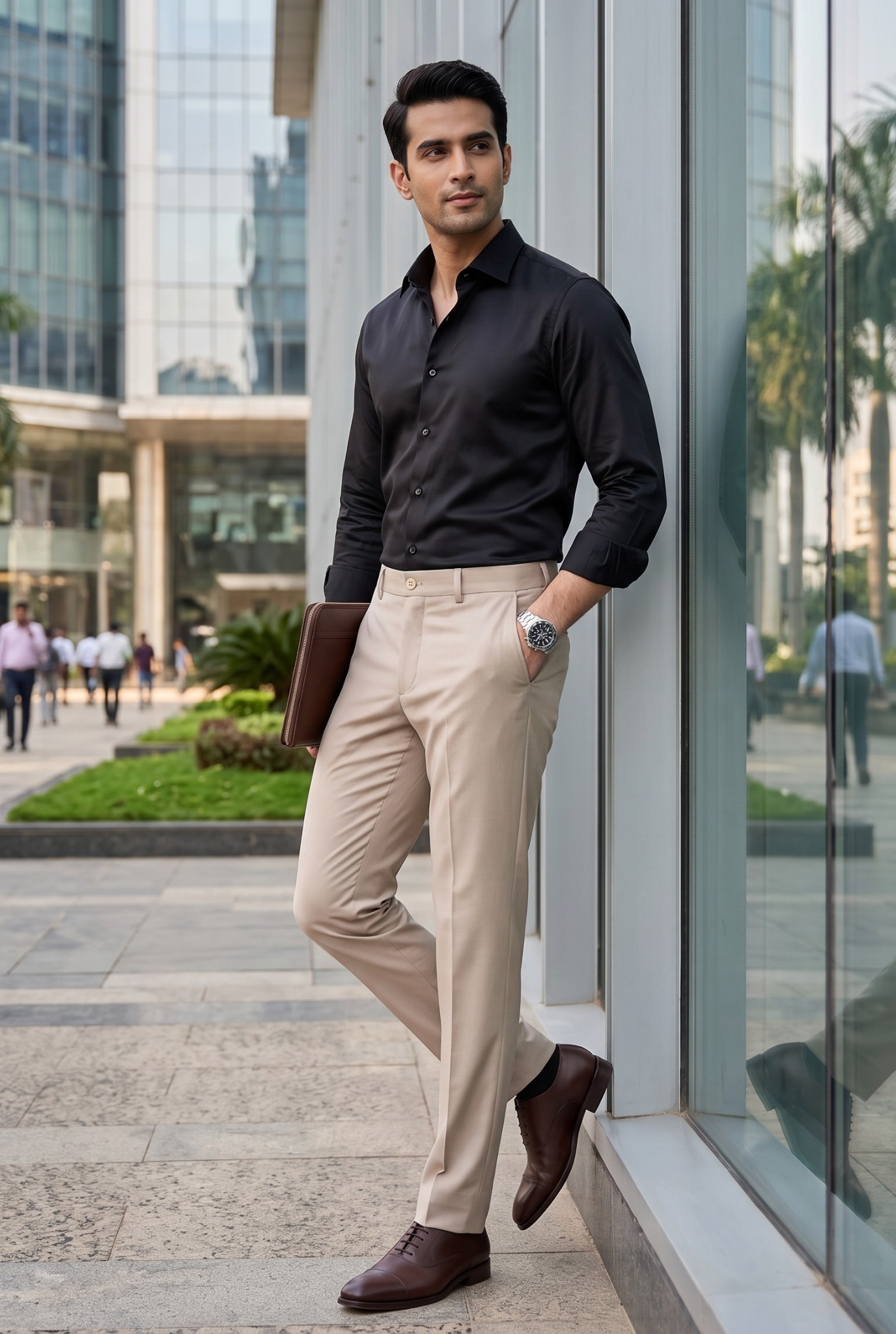 Men's fawn slim-fit regular trousers, model wearing, full length with slanted pockets
