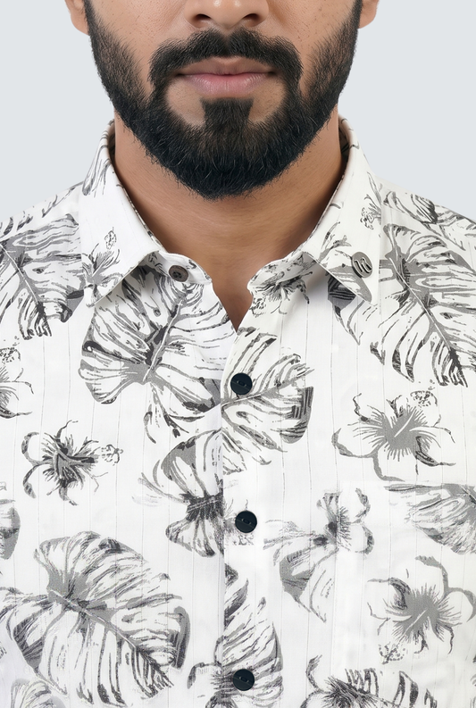 Men's leaf print dobby cotton shirt in white with black botanical pattern and buttons