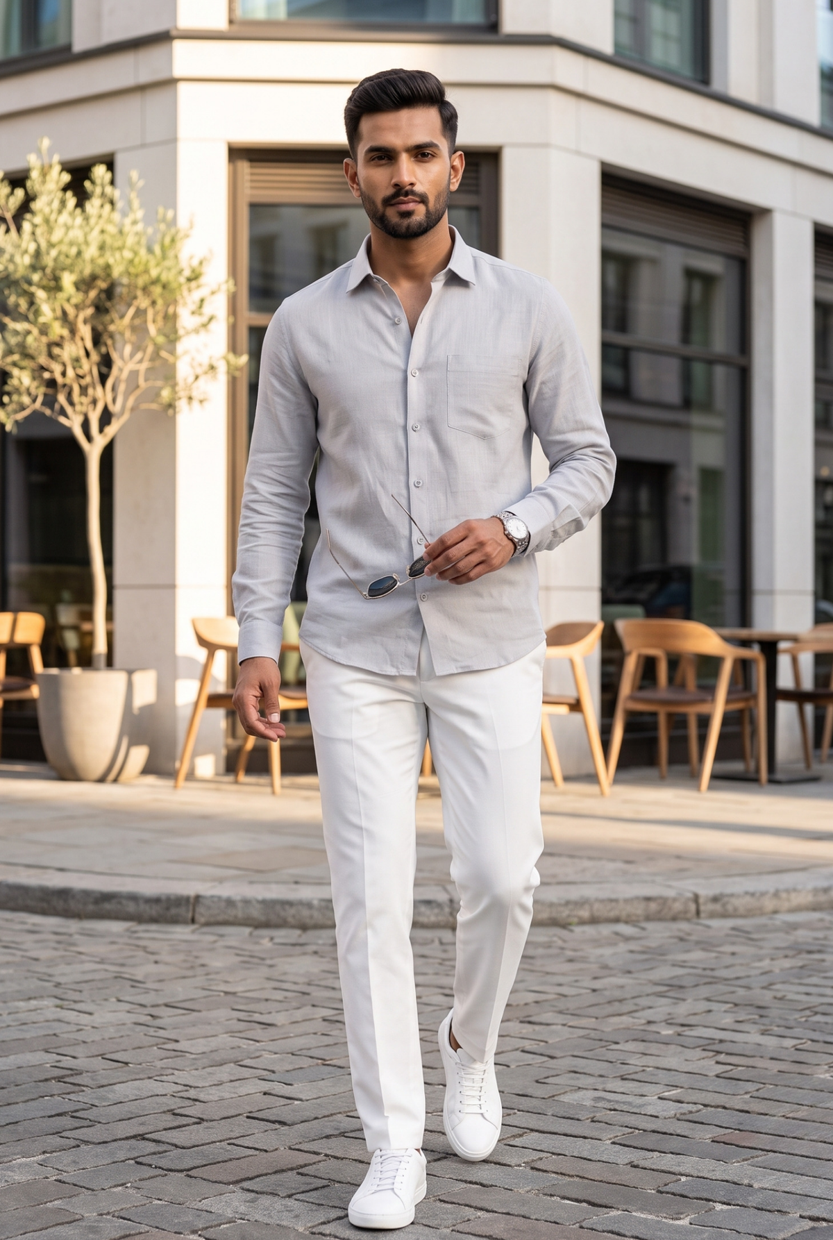Light gray linen button-up shirt with chest pocket, long sleeves