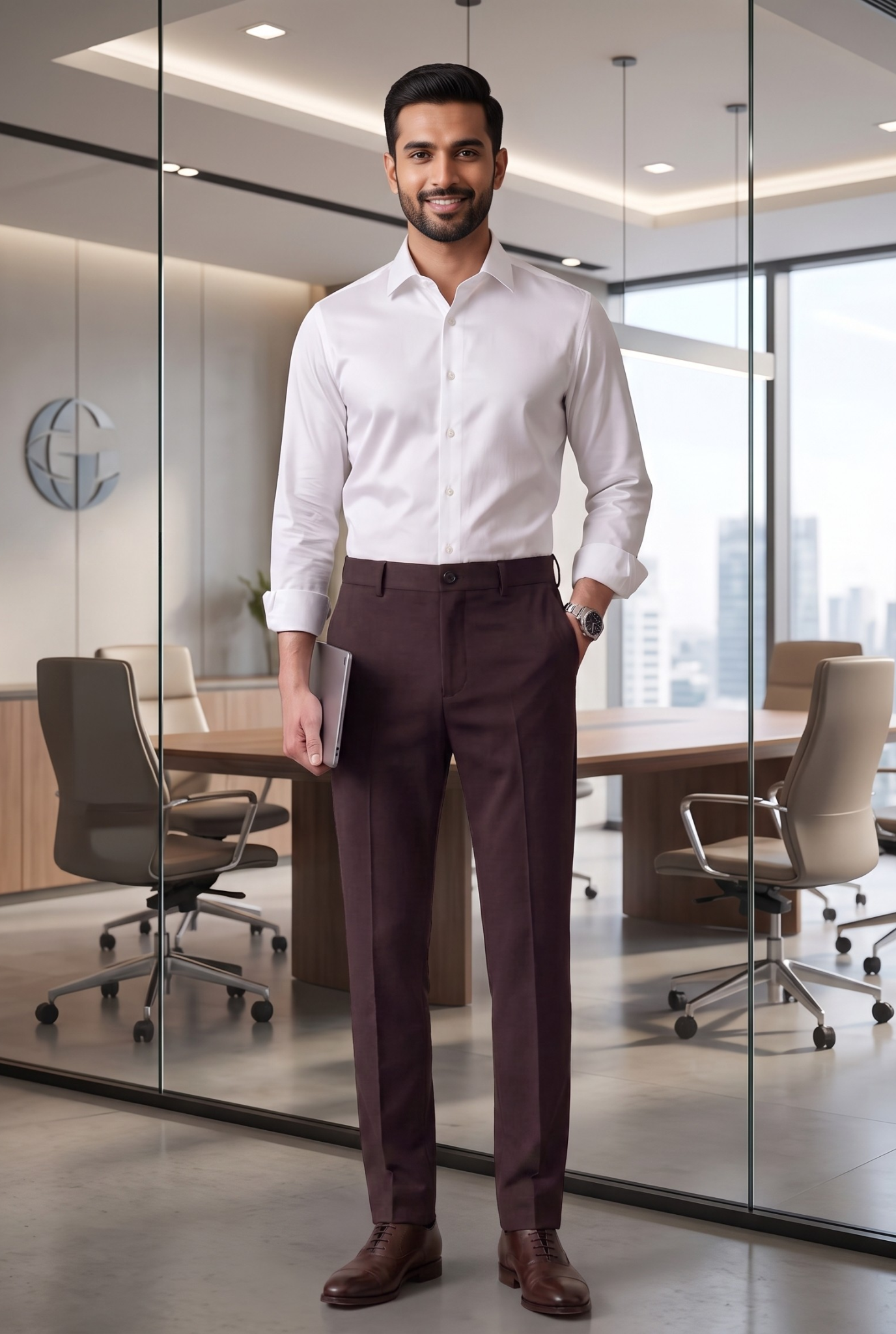 Men's dark purple slim-fit trousers with button waistband and tapered leg