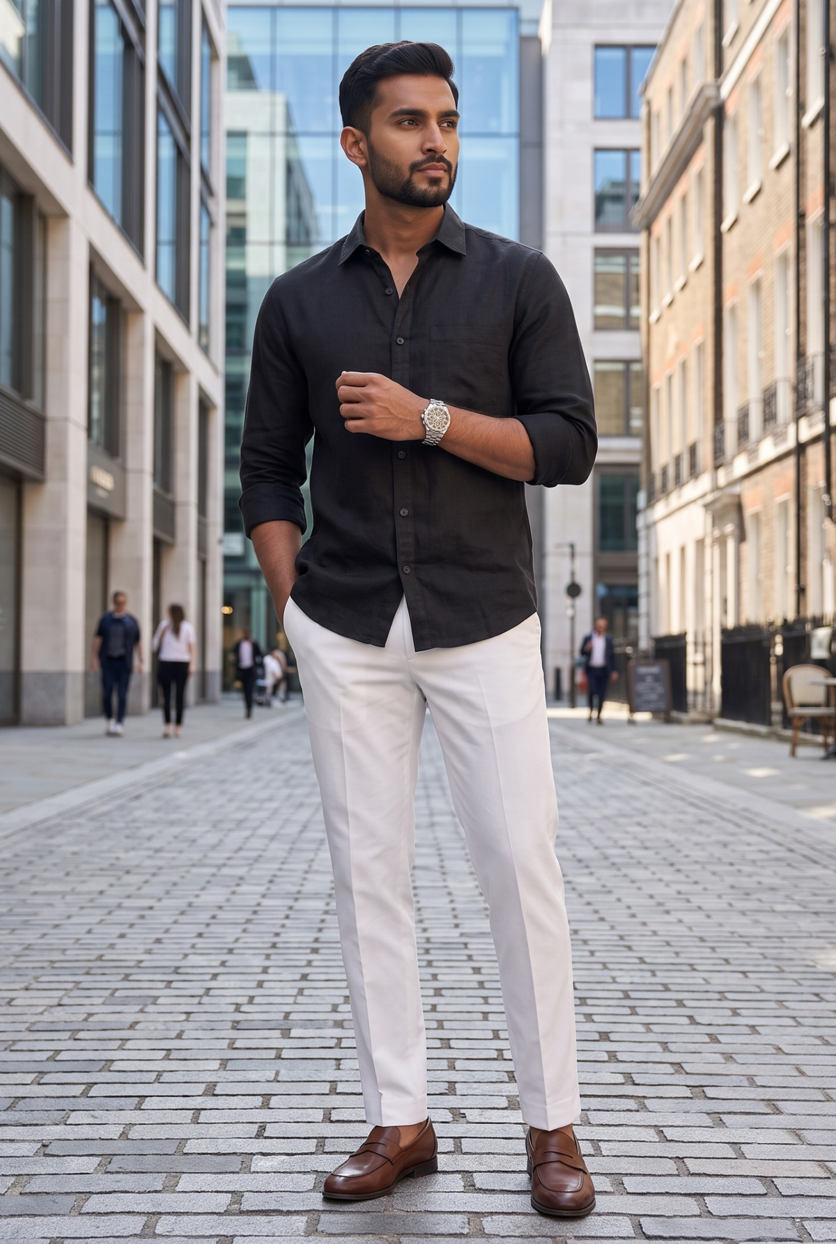 Black linen button-up shirt worn with white pants, long sleeves