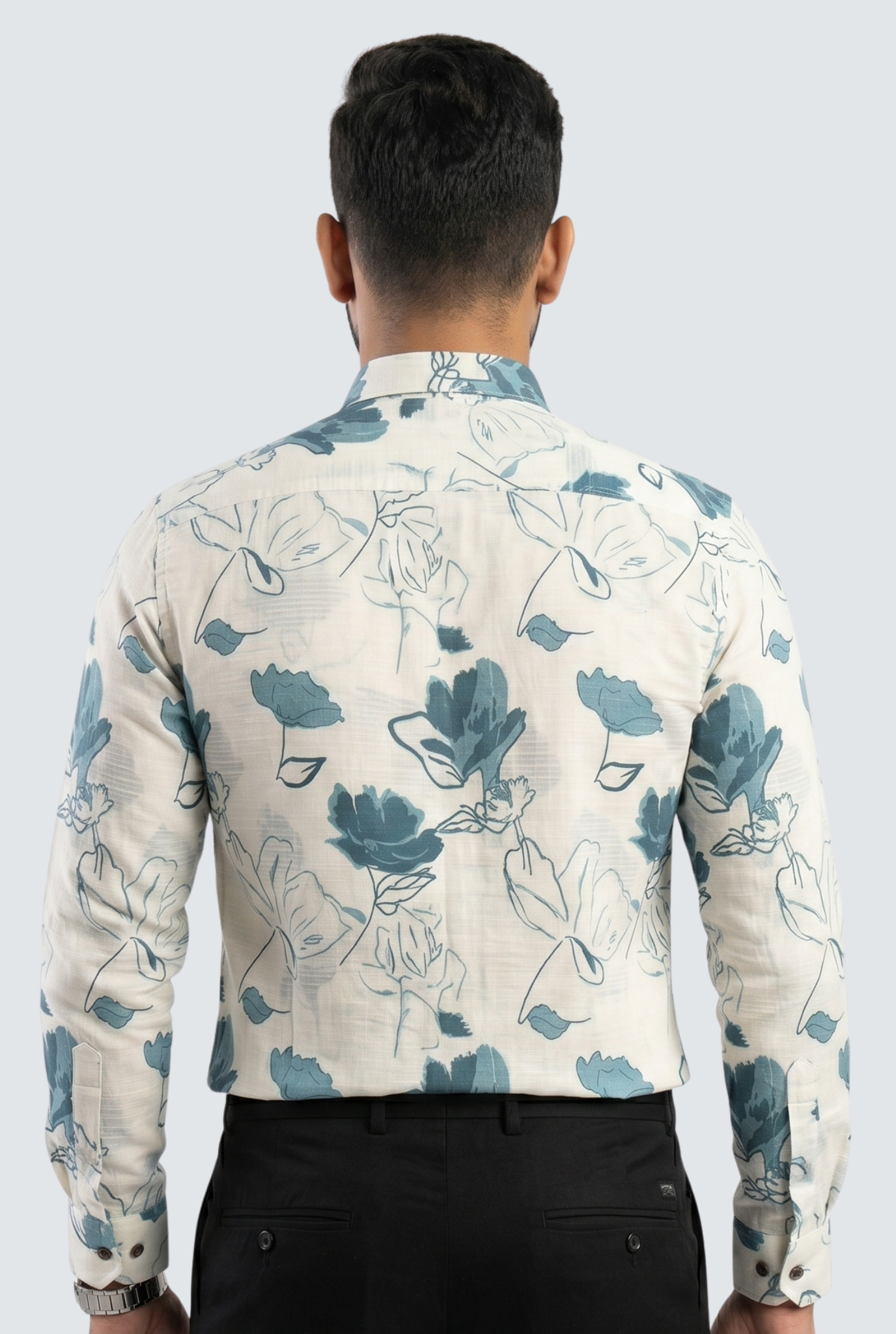 Men’s Sky Blue Floral Print Fine Cotton Shirt-(1866)
