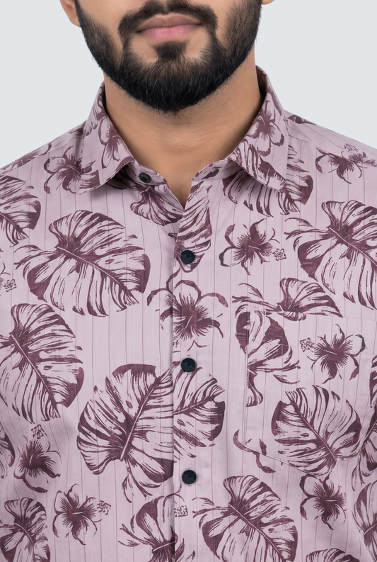 Men’s Leaf Print Dobby Cotton Shirt-Lavender(1883)