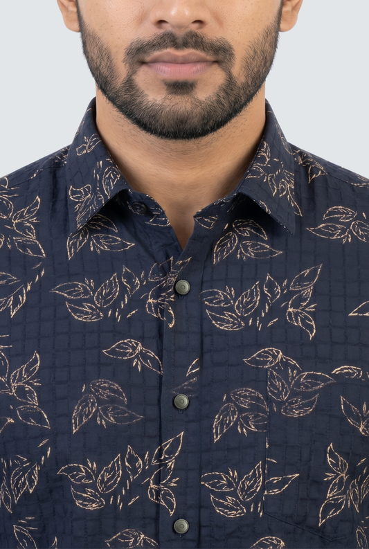 Men’s Navy Blue Printed Cotton Dobby Shirt-(1859)