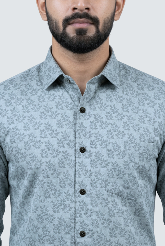 Men’s Light Green Satin Fabric Leaf Print Shirt (1831)