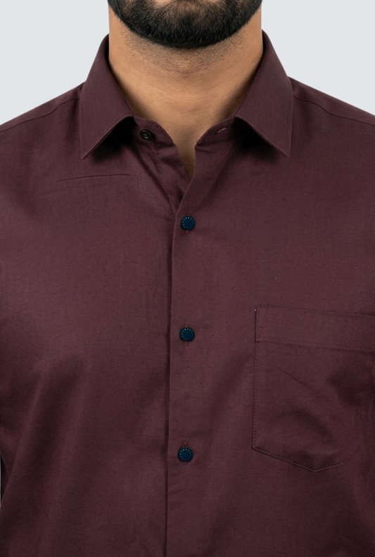 Men's maroon dress shirt close-up: button placket and chest pocket