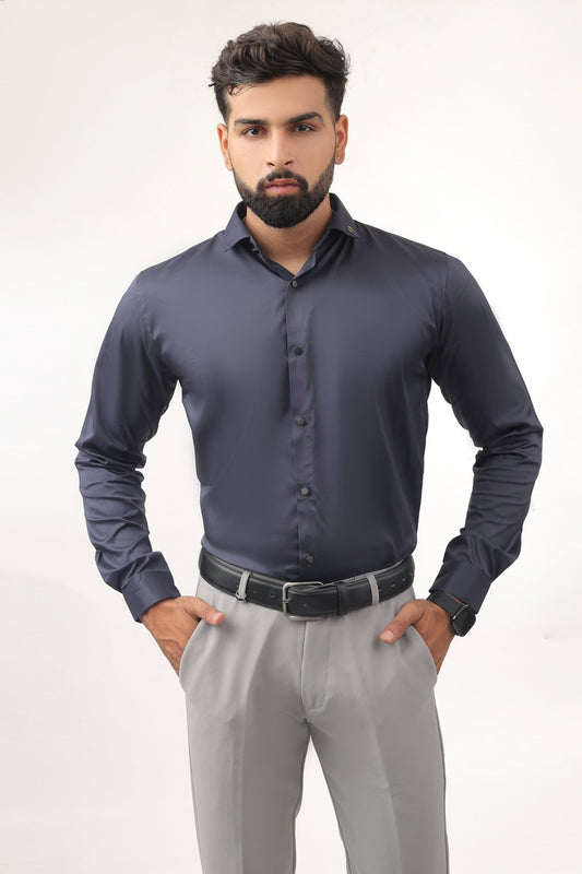 Navy Blue Satin Shirt formal party wear outfit