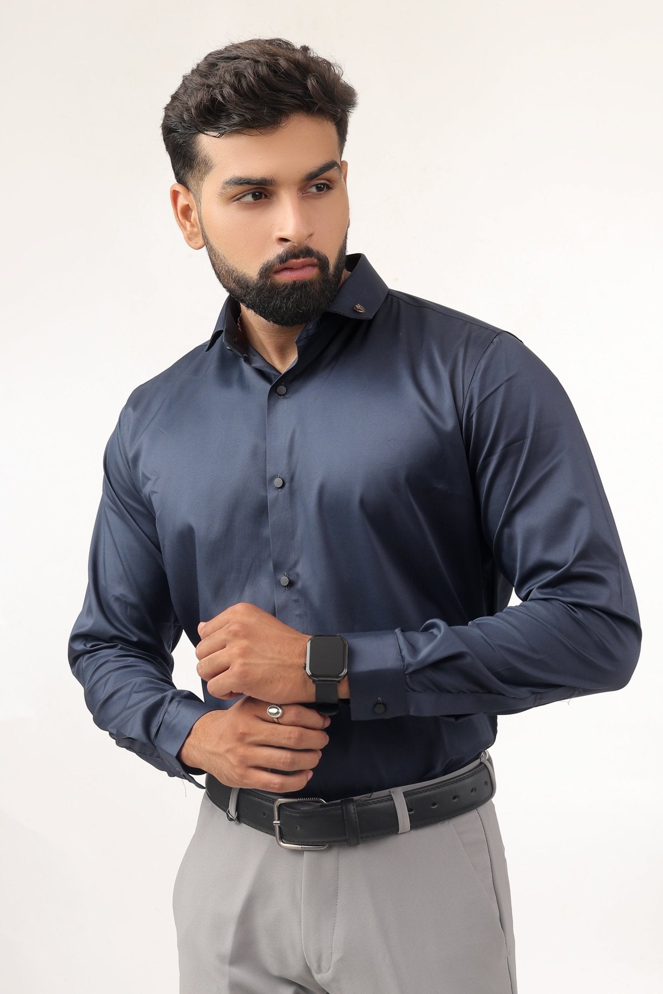 Navy Blue Satin Slim Fit Men’s Shirt front view