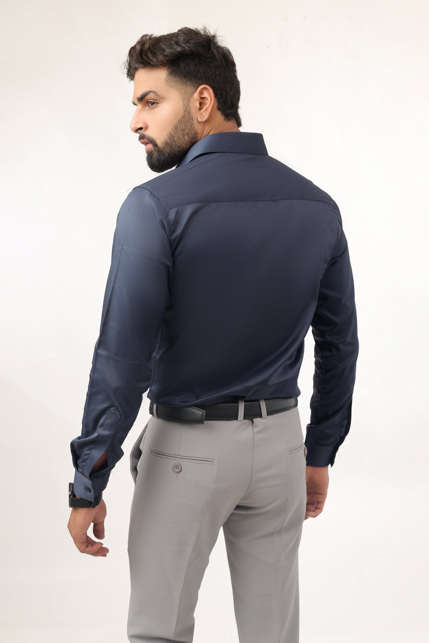 Men’s slim fit navy blue satin shirt back view