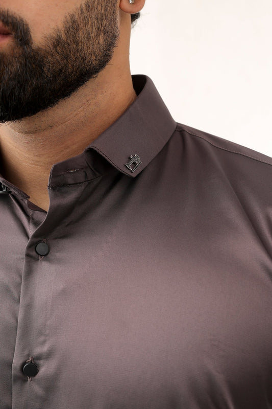 “Brown satin shirt for men collar detail – satin fabric luxury”