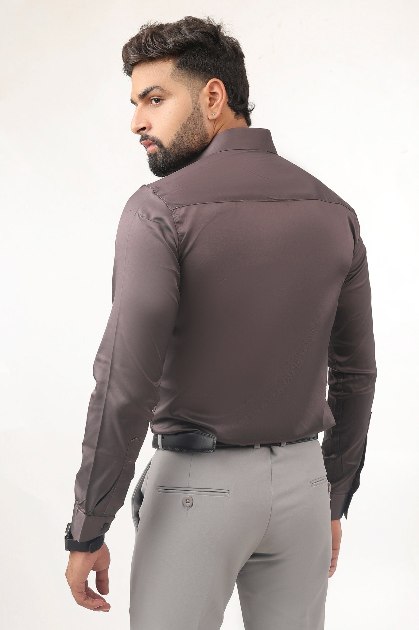 “Brown satin shirt for men back view – premium satin comfort”