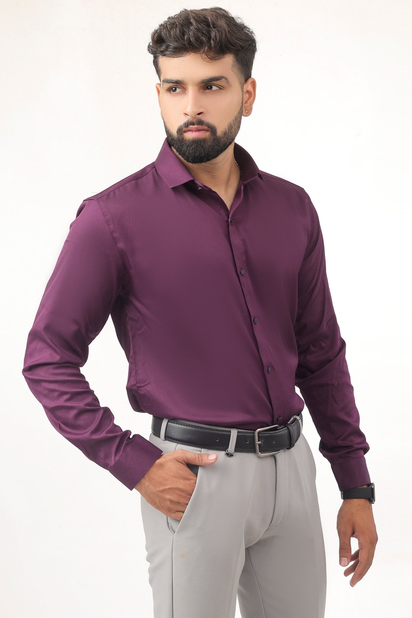 Purple Satin Shirt for Men – Side Profile View