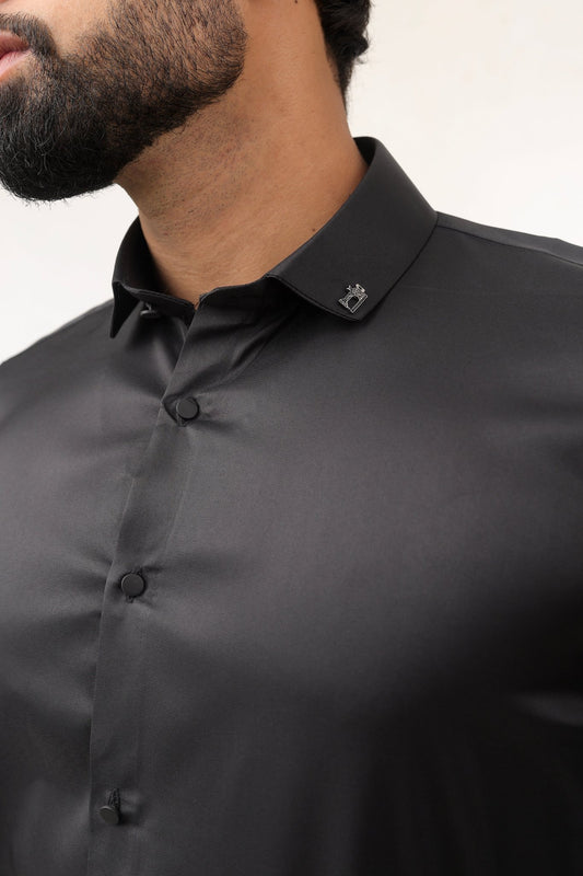 “Black satin shirt for men collar detail – shiny satin fabric”