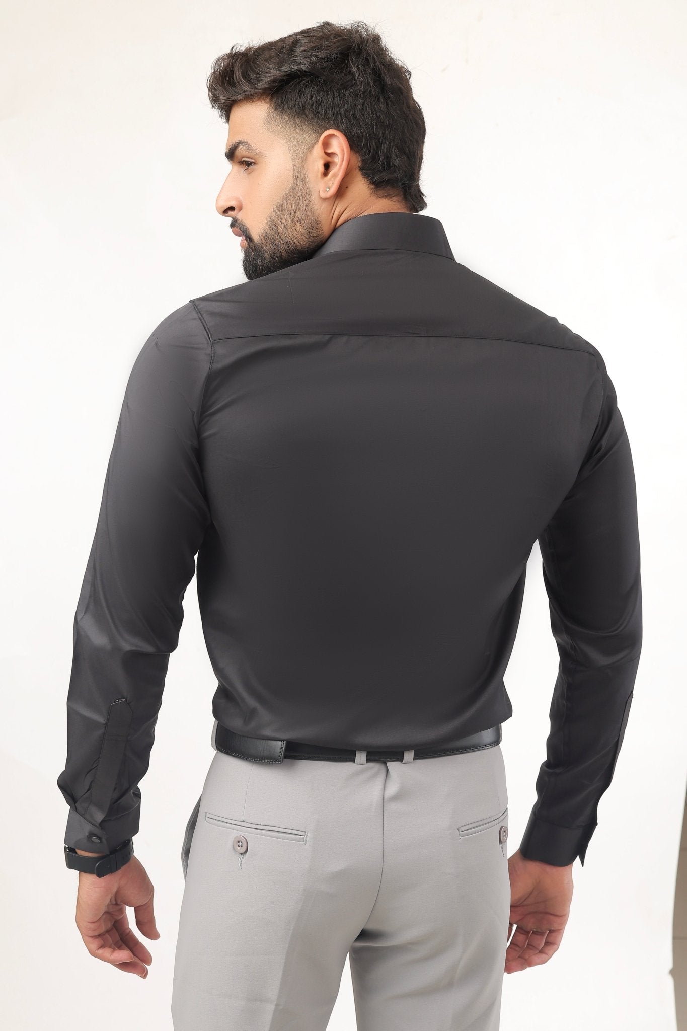 “Black satin shirt for men back view – satin fabric premium comfort”