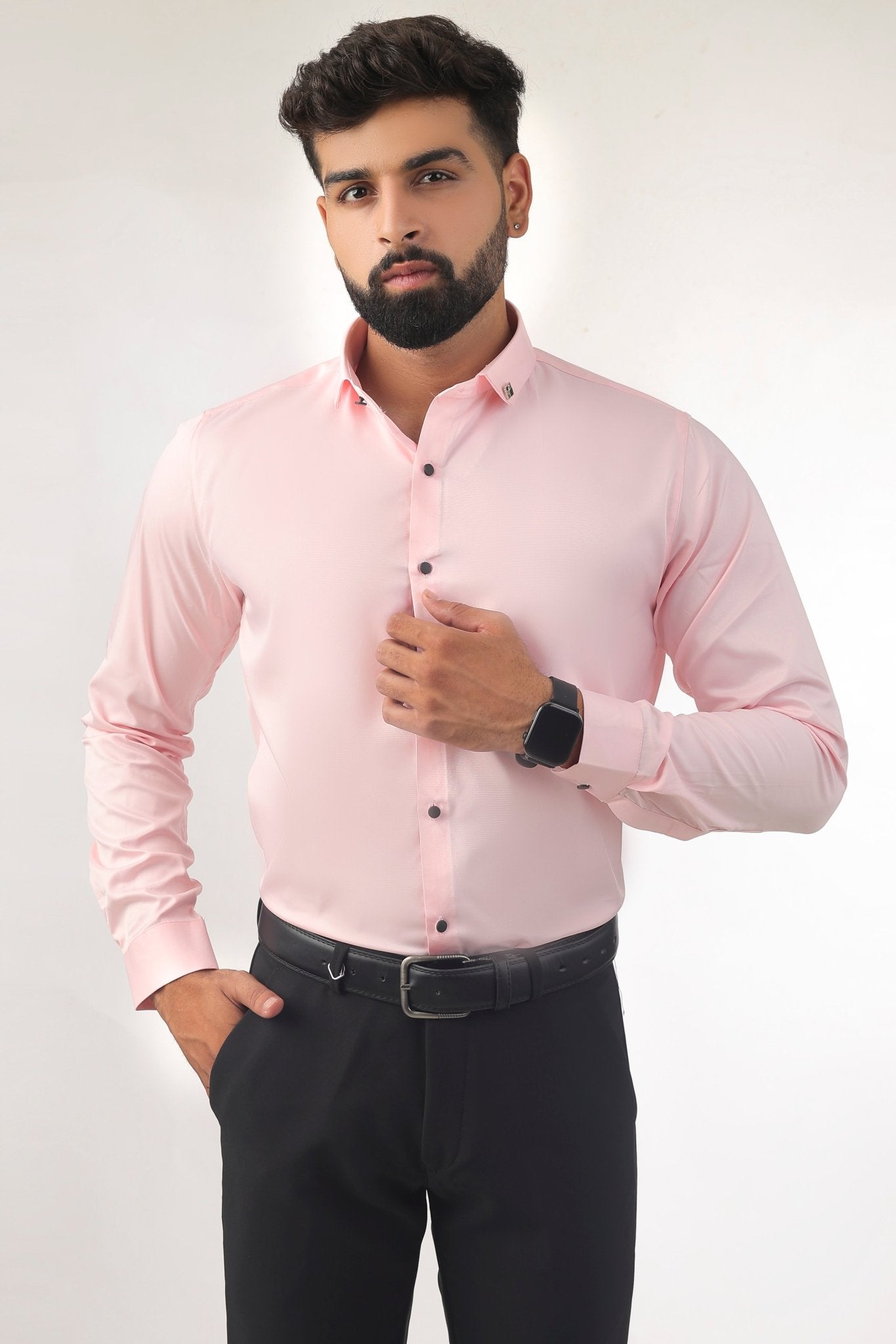 Pink Satin Shirt for Men – Slim Fit Full Front View