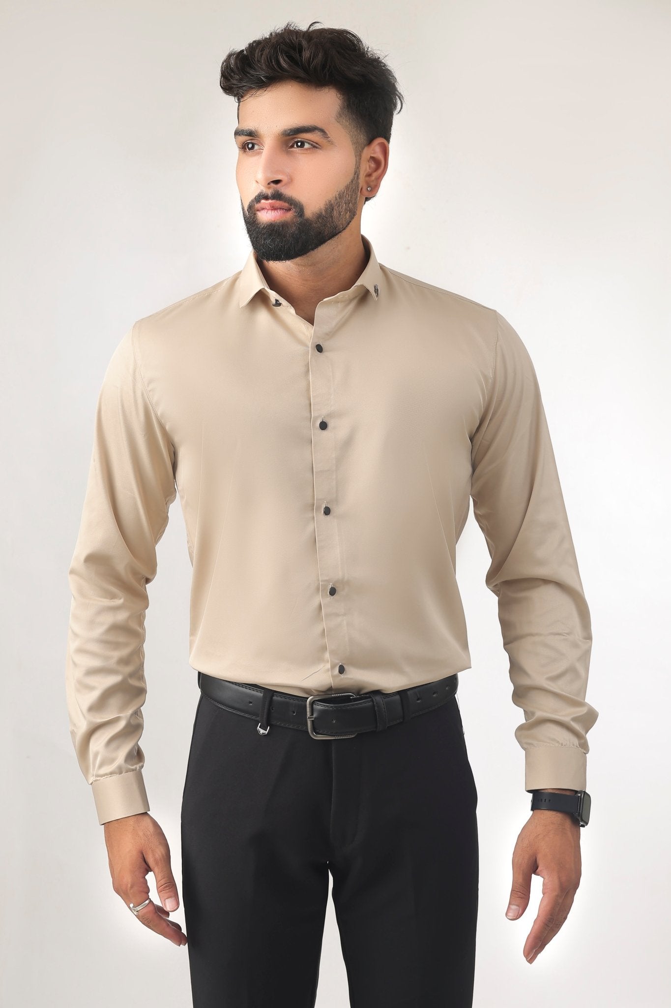 Beige Satin Shirt for Men – Slim Fit Full Front View