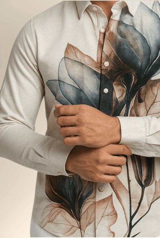 “Detail closeup floral digital print on linen shirt men”