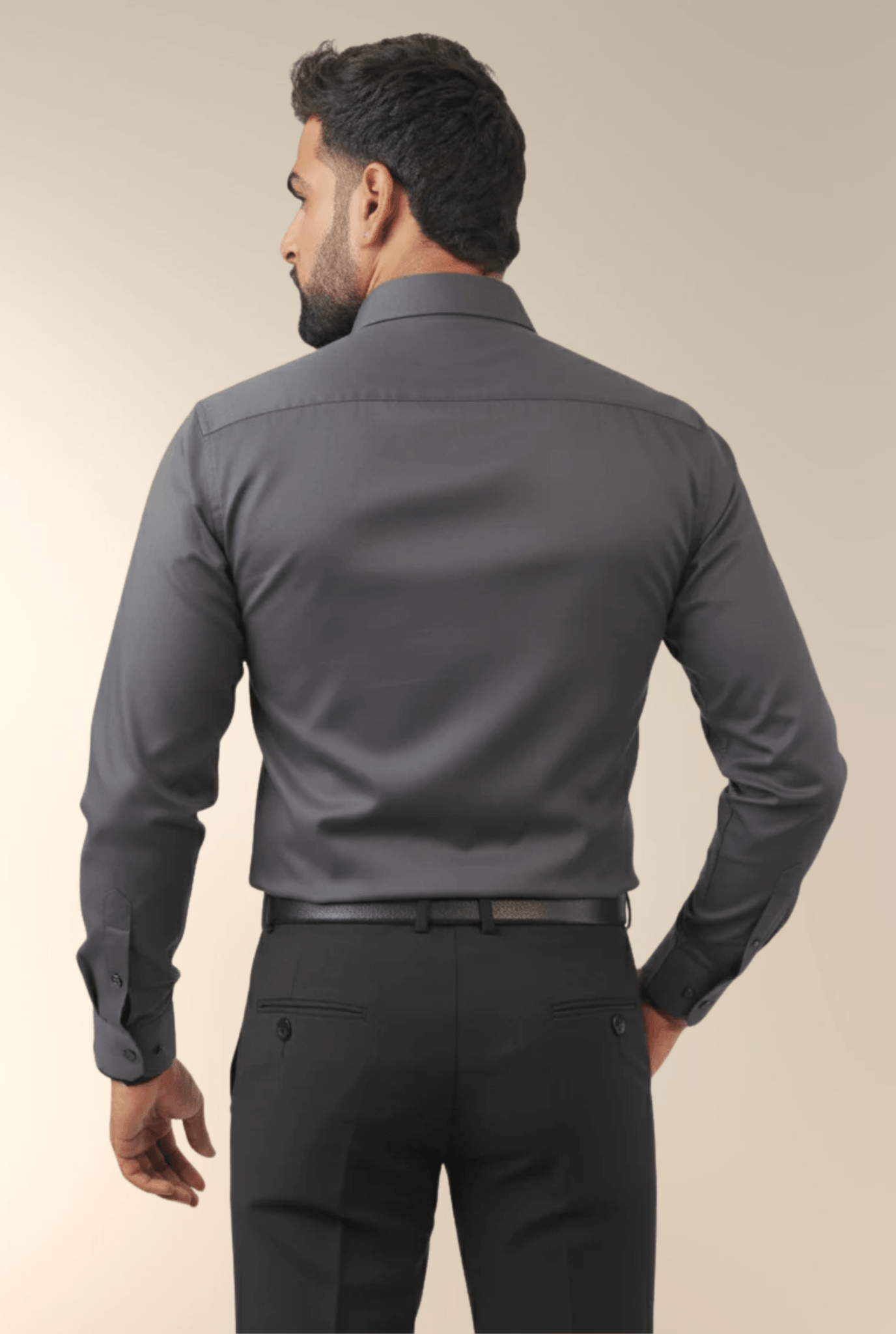 “Back view men’s dark grey cotton slim fit shirt – Kites Club”
