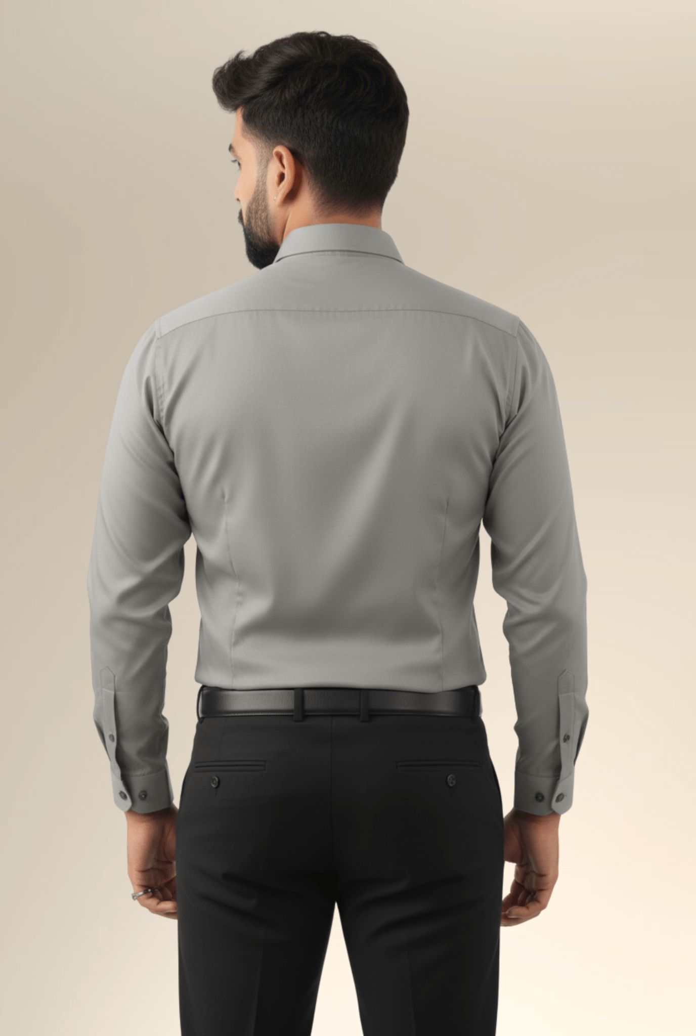 Back view of Men’s Dark Grey Satin Shirt – glossy satin fabric