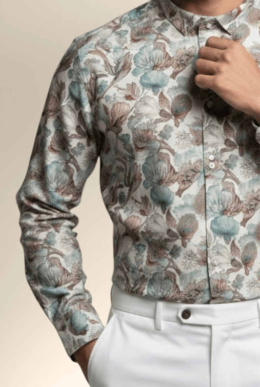Premium Linen Shirt with Floral Print – Men’s Full Sleeve Fashion