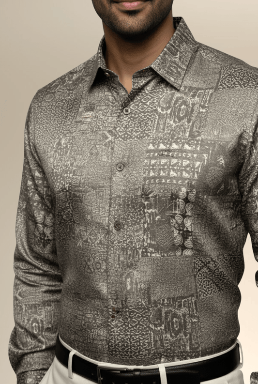 Close-up of Satin Printed Shirt – Beige Grey Pattern for Men