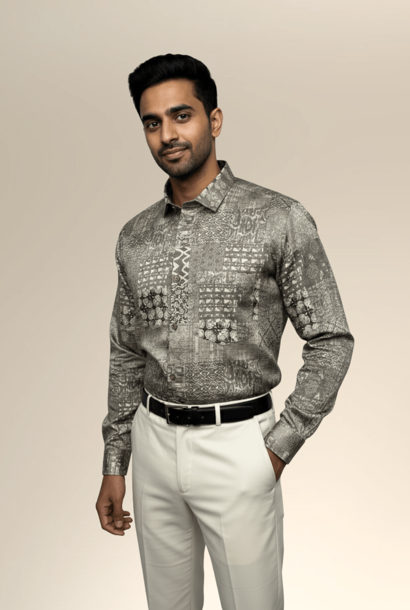 Men’s Satin Printed Shirt – Beige Grey Pattern, Full Sleeve Party Wear