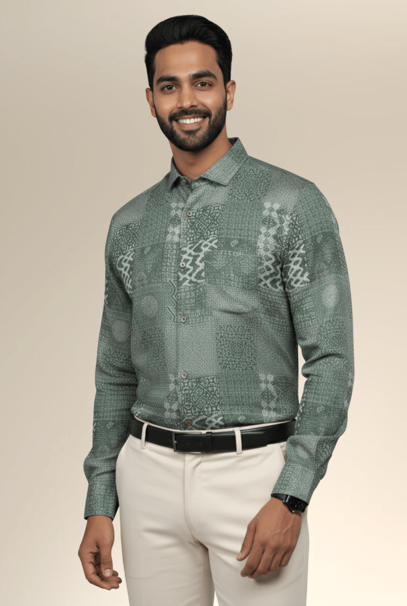 Men’s Satin Printed Shirt – Green Pattern Design, Full Sleeve Casual Wear – Kites Club