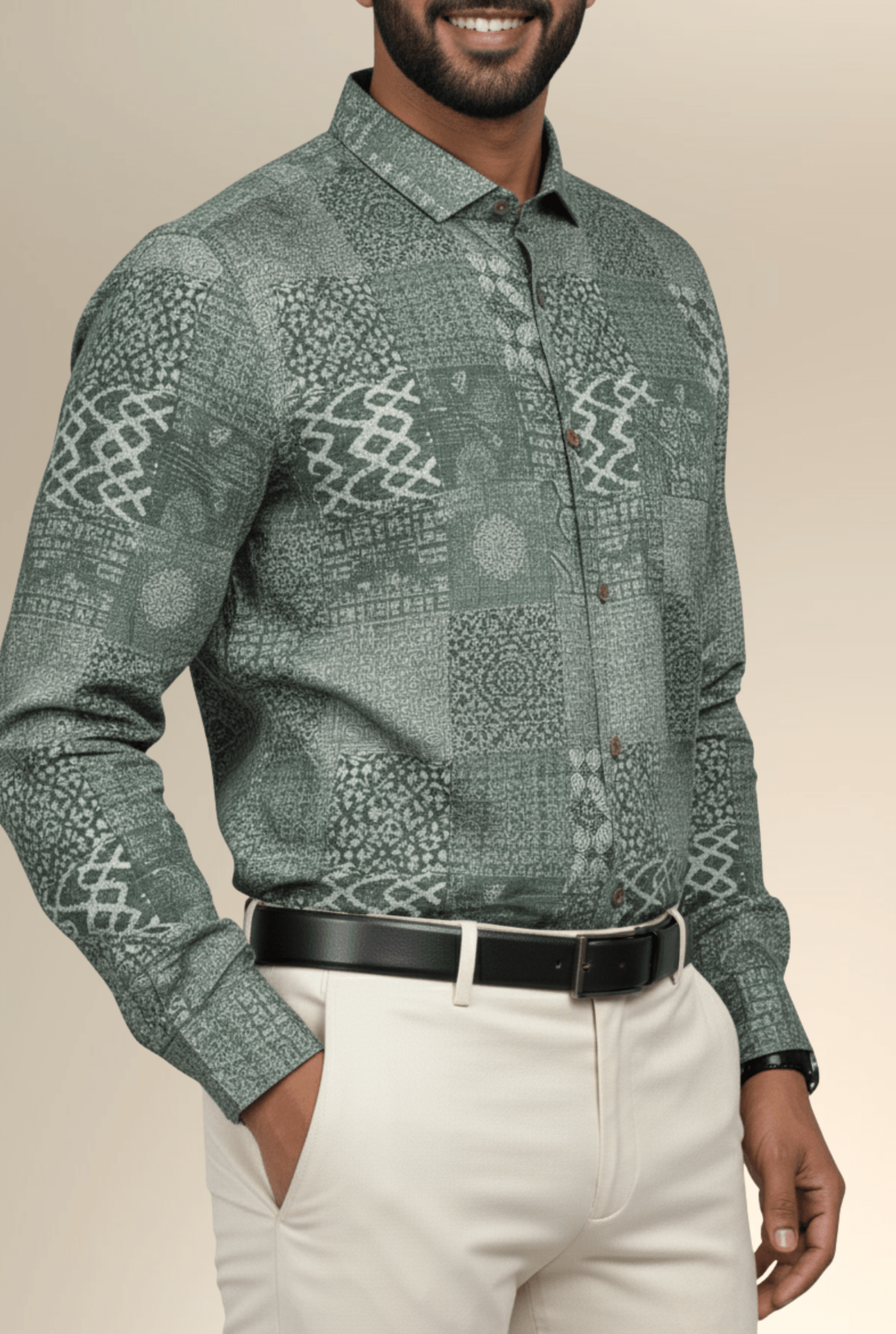 Stylish Green Satin Shirt with Unique Print – Men’s Full Sleeve Formal and Casual Wear