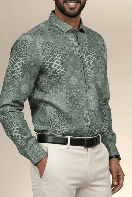 Stylish Green Satin Shirt with Unique Print – Men’s Full Sleeve Formal and Casual Wear