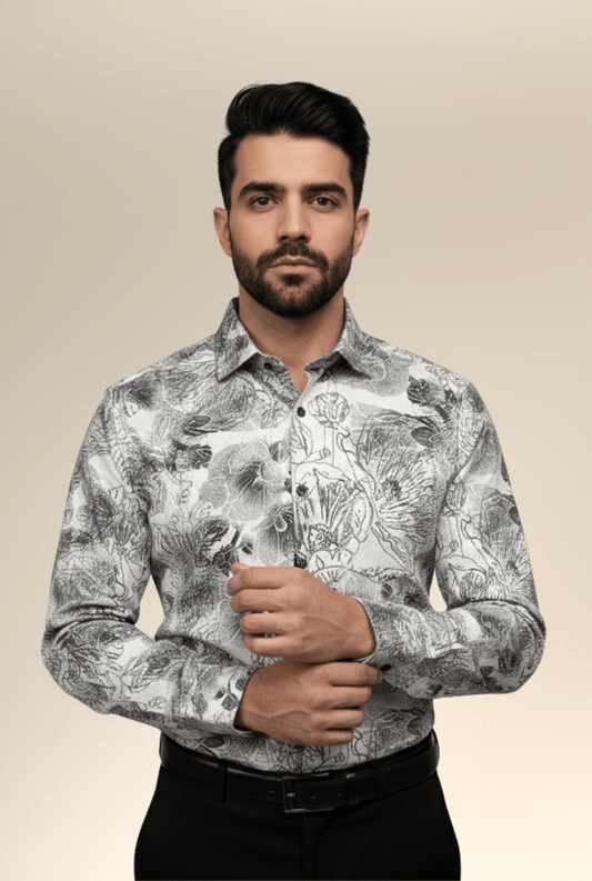 “Black and white floral shirt for men stylish slim fit – Kites Club”