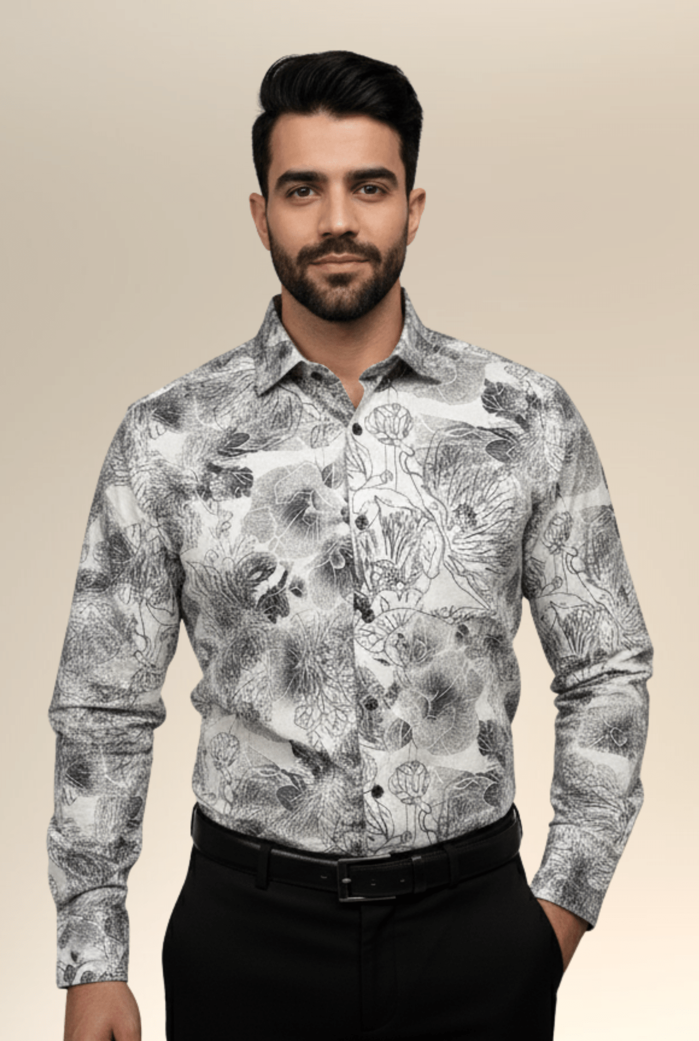 “Men’s black and white floral printed shirt front view – Kites Club”