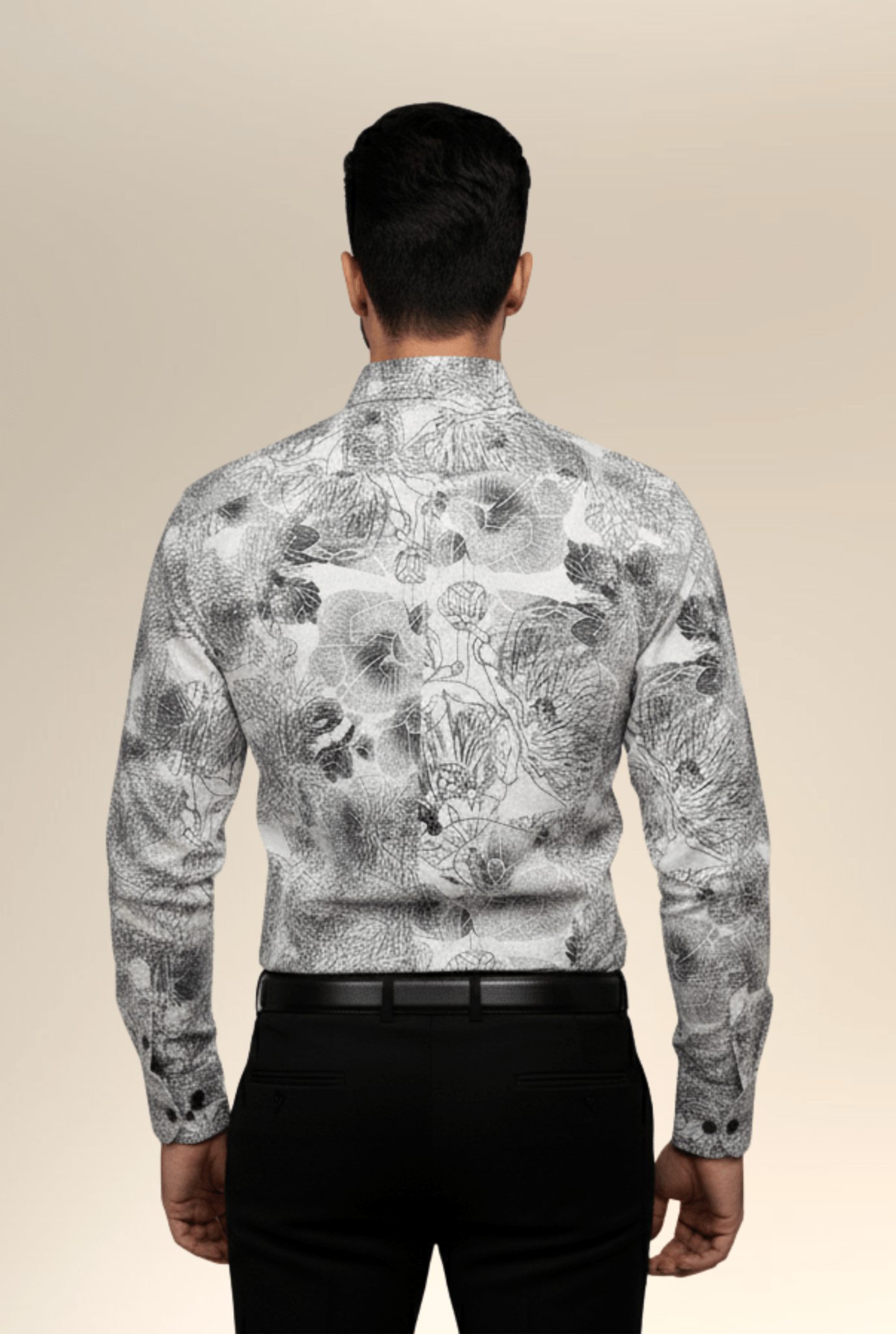 “Back view men’s black and white floral printed shirt full sleeve”