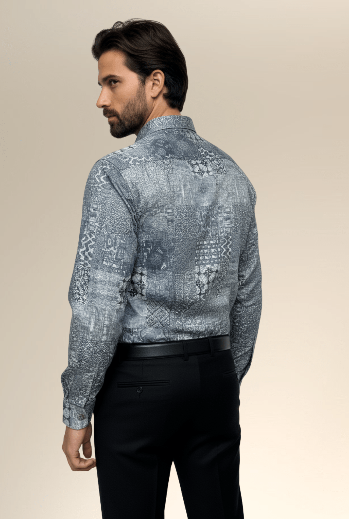 Back view of Men’s Satin Printed Shirt – glossy finish