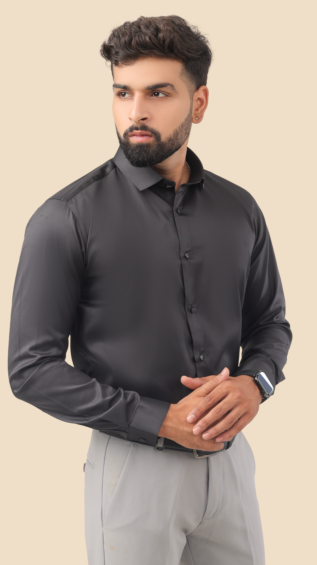 “Black satin shirt for men stylish side pose – slim fit satin fabric”