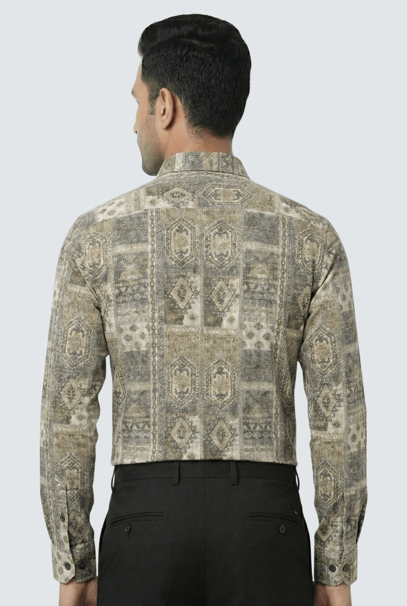 “Back view of men’s beige multicolour printed shirt – regular fit”