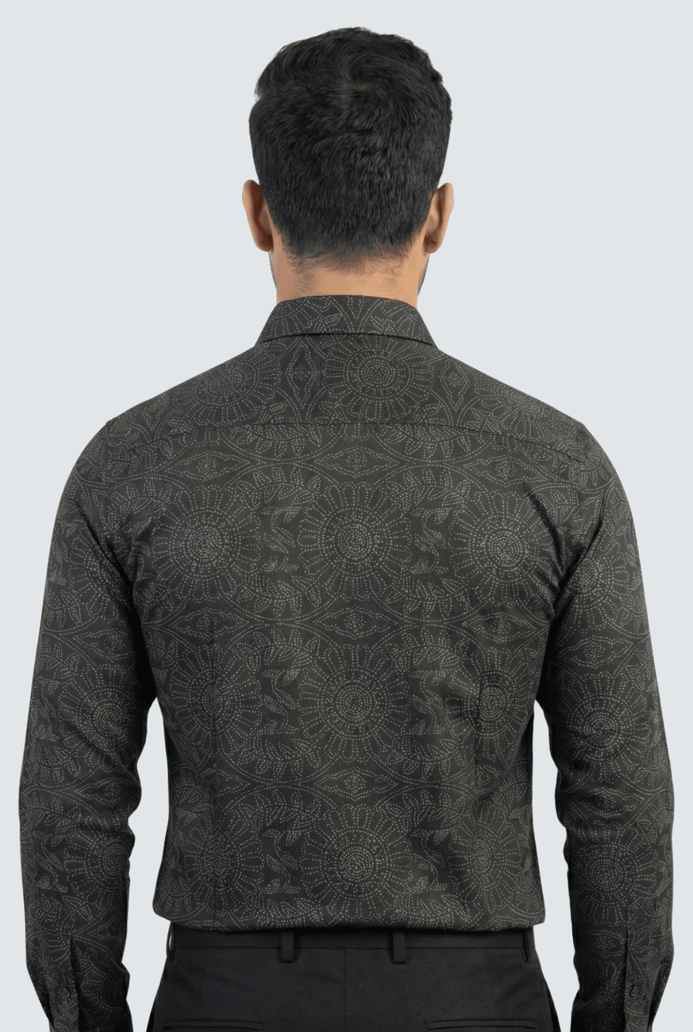 Back view of black cotton dobby shirt with tonal print for men