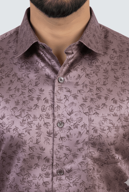 Brown poly satin shirt fabric with printed design