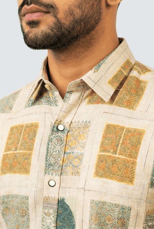 Creme Natural Linen Digital Print Shirt - KITES CLUB