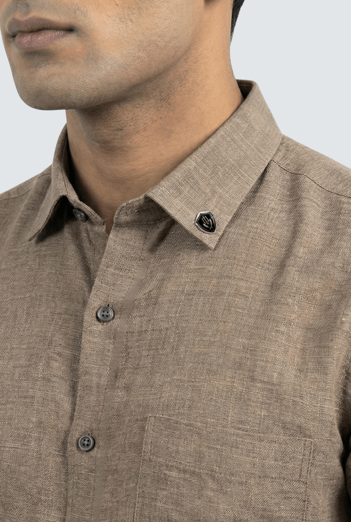 Close-Up of Fawn Linen Shirt Collar and Fabric Texture