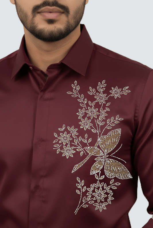 Maroon Imperial Embroidered Satin Shirt (1807) - KITES CLUB