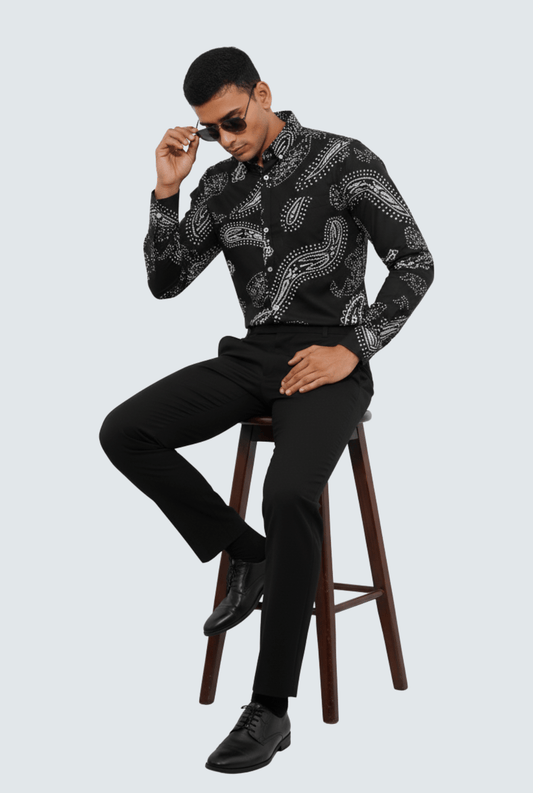 Men’s Black Cotton Printed Shirt – Premium Regular Wear(1742) - KITES CLUB