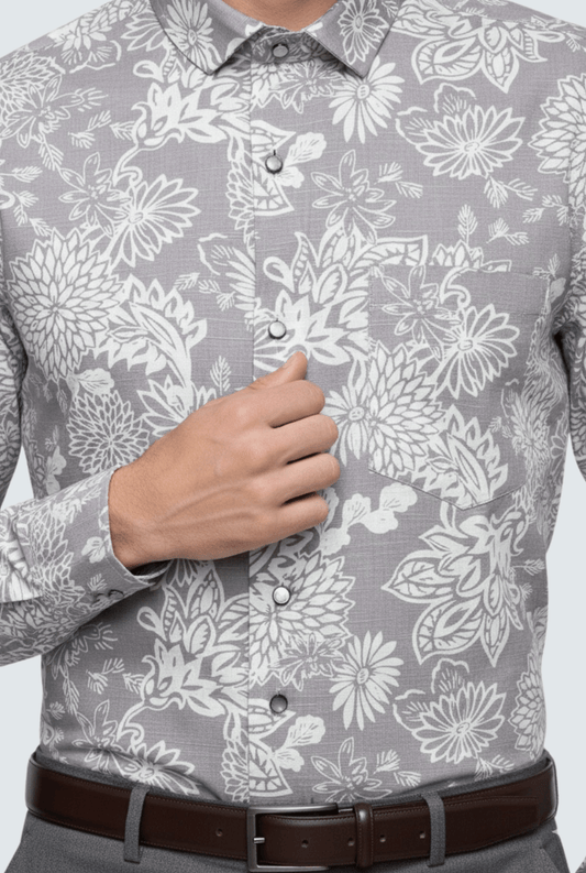 "Men’s Cotton Floral Shirt – Light Purple with White Print " A - (1706) - KITES CLUB