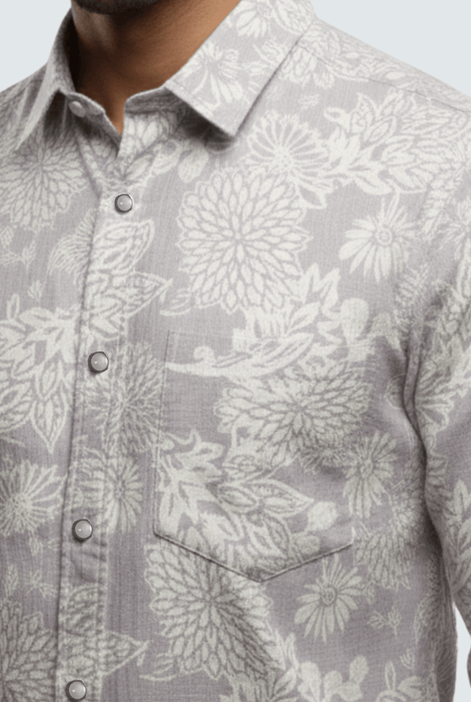 "Men’s Cotton Floral Shirt – Light Purple with White Print " A - (1706) - KITES CLUB