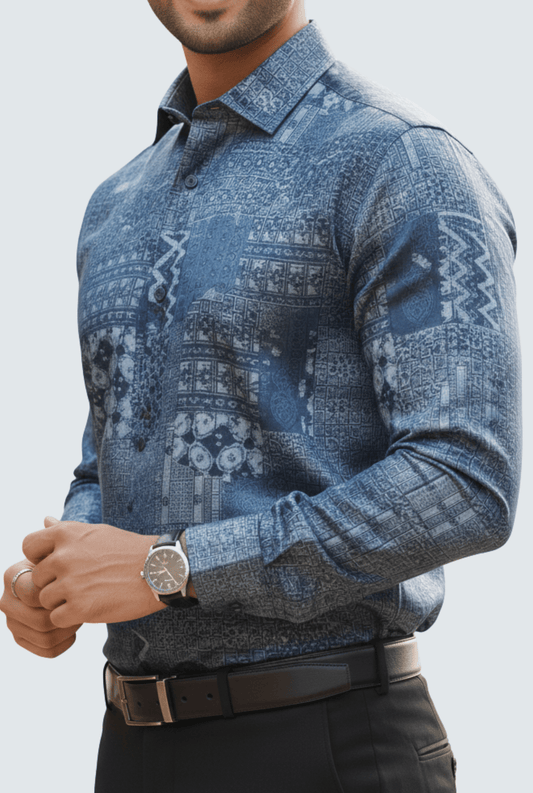 Men’s Blue Satin Printed Shirt - KITES CLUB