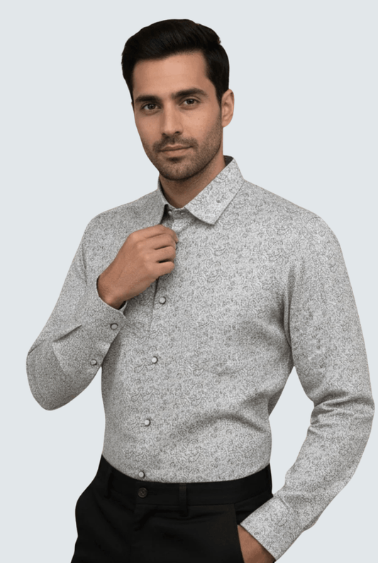 Men’s Grey Satin Printed Shirt – Premium Regular Fit(1748) - KITES CLUB