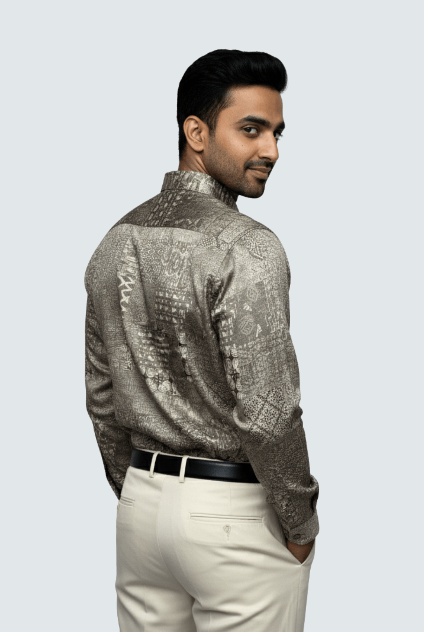 "Men’s Satin Printed Shirt – Beige Grey Pattern | Full Sleeve Party Wear" A - (1700) - KITES CLUB