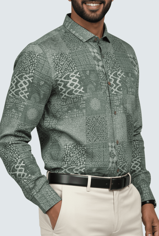 "Men’s Satin Printed Shirt – Green Pattern " A - (1700) - KITES CLUB
