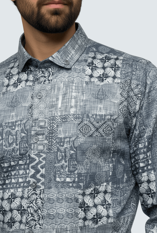 Men’s Satin Printed Shirt – Grey Pattern - Kites Club(1700) - KITES CLUB