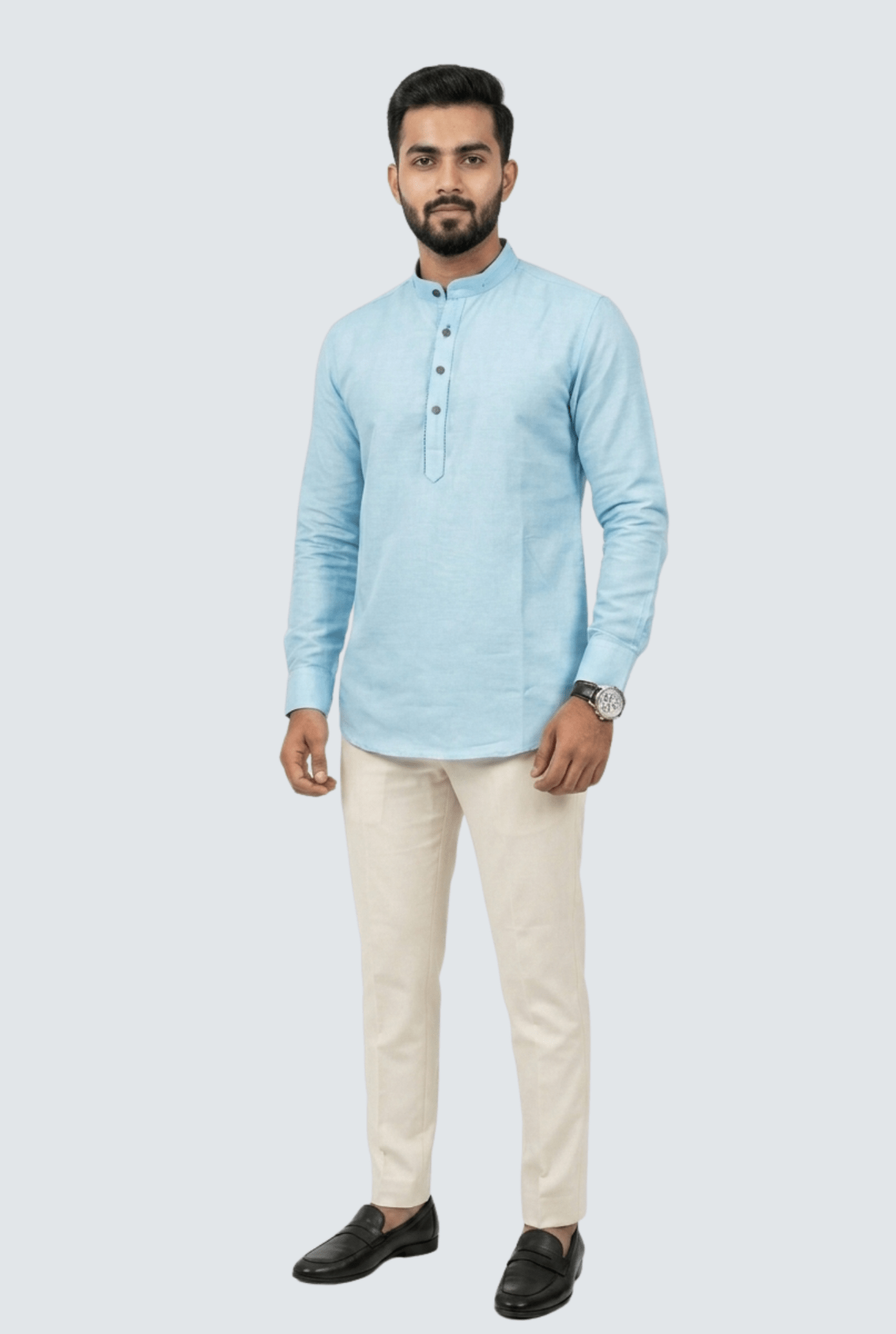 Premium Men’s Satin Short Kurta - Sky Blue (2121) - KITES CLUB